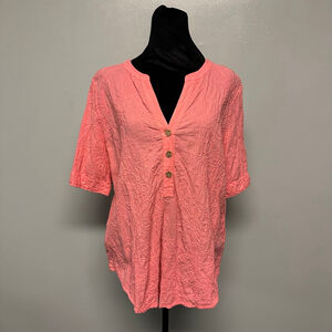 FOCUS Coral pink floral embroidered Tunic Top women’s medium 100% cotton